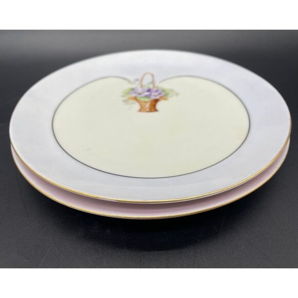 Antique Luncheon Plates Hand Painted Pink Cabbage Rose Purple Plate Wall Bavaria - Picture 3 of 10